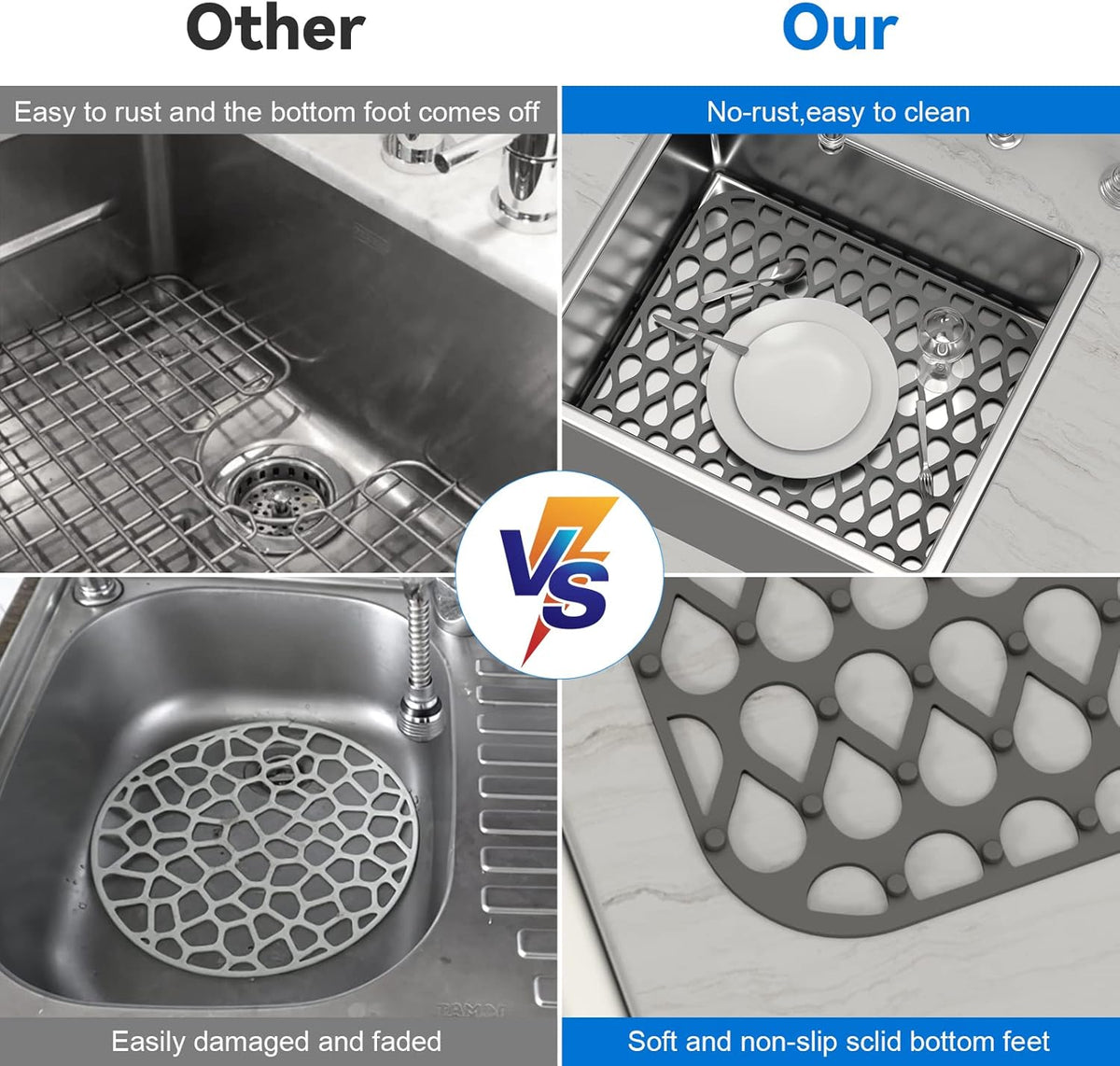 Sink Protectors for Kitchen, 1PCS TOOVEM 13.6"x11.6" Kitchen Sink Mats Large Grid for Bottom of Farmhouse Heat Resistant Silicone Grey