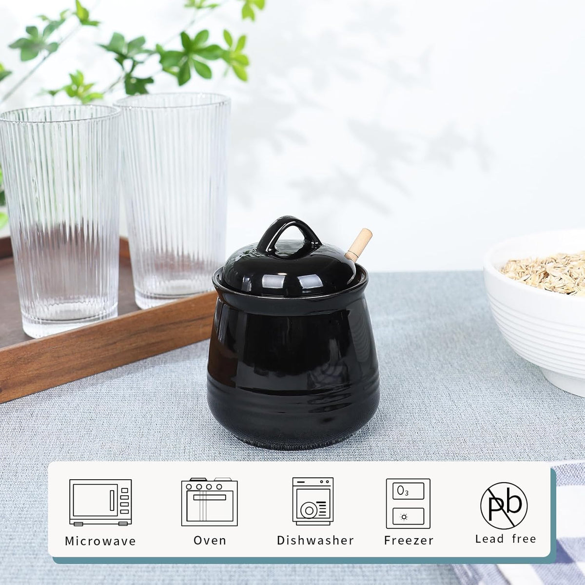 HAOTOP Ceramic Honey pot with Lid and Honey Dipper,Porcelain Honey Jar Easy to Clean and Dishwasher Safe,12oz (Black)
