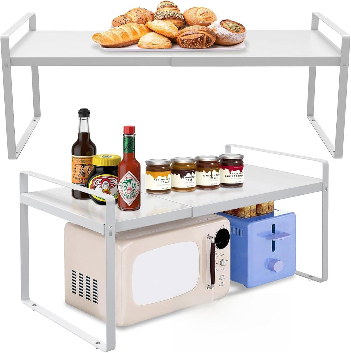 Adjustable Kitchen Shelf Organizer 9", (2 Pack) Heavy-Duty Cabinet Shelves for Countertop, Pantry & Microwave, Expandable Space-Saving Storage Rack with Non-Slip Pads, White