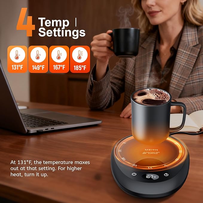MEION Coffee Mug Warmer for Desk, Coffee Cup Warmer, 4 Temp Settings & 1-12H Timer, Coffee Warmer with Auto Shut Off Smart Gravity Sensor, Beverage & Candle Warmer Coffee Gifts Accessories(Black)