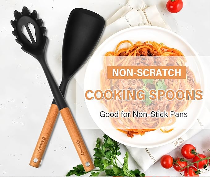 Silicone Cooking Spoon and Pasta Fork Set, 2 Pack Large Spatula Spoons Set with Wooden Handle, Nonstick Multifunction Spoon for Cooking, Serving, Mixing and Spaghetti (Black)