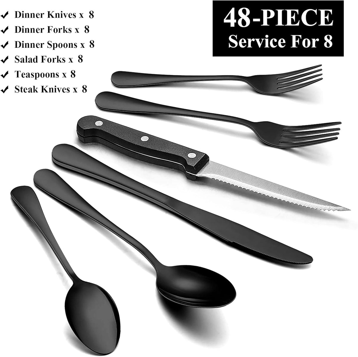 Wildone 48-Piece Black Flatware Set with Steak Knives, Stainless Steel Silverware Cutlery Set Service for 8, Tableware Eating Utensils Include Knives/Forks/Spoons, Mirror Polished, Dishwasher Safe