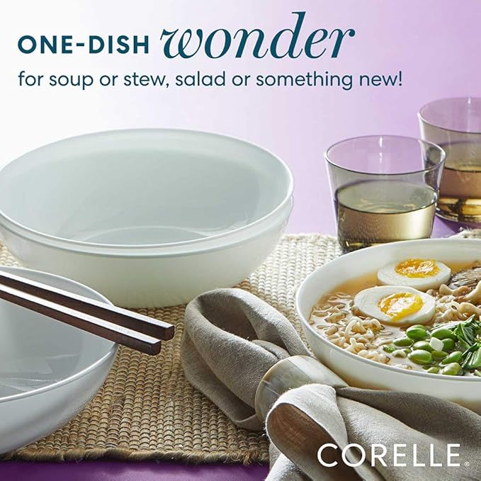 Corelle 4-Pc Meal Bowls Set Service for 4, Durable and Eco-Friendly 9-1/4-Inch Glass Bowls, Compact Stack Bowl Set, Microwave and Dishwasher Safe, White, 46 Ounces