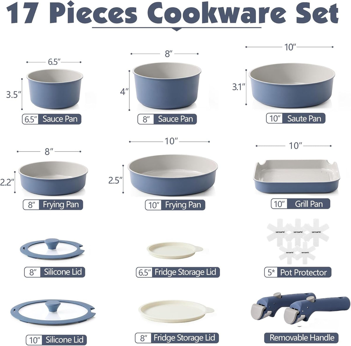 SENSARTE 17 Piece Ceramic Pots and Pans Set, Nonstick Detachable Handle Cookware, Induction Kitchen Cookware Set with Removable Handle, Dishwasher ＆ Oven Safe (Navy)