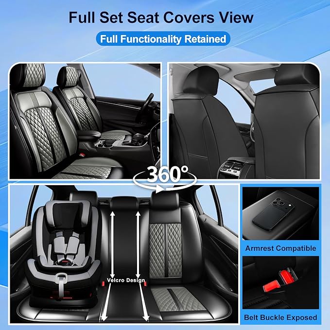 Fit Ridgeline Car Seat Covers for Select Honda Ridgeline 2007-2026 - Premium Full Coverage Leather, Airbag Compatible, Waterproof & All Weather Seat Cushion Protector, Full Set, Black+Gray