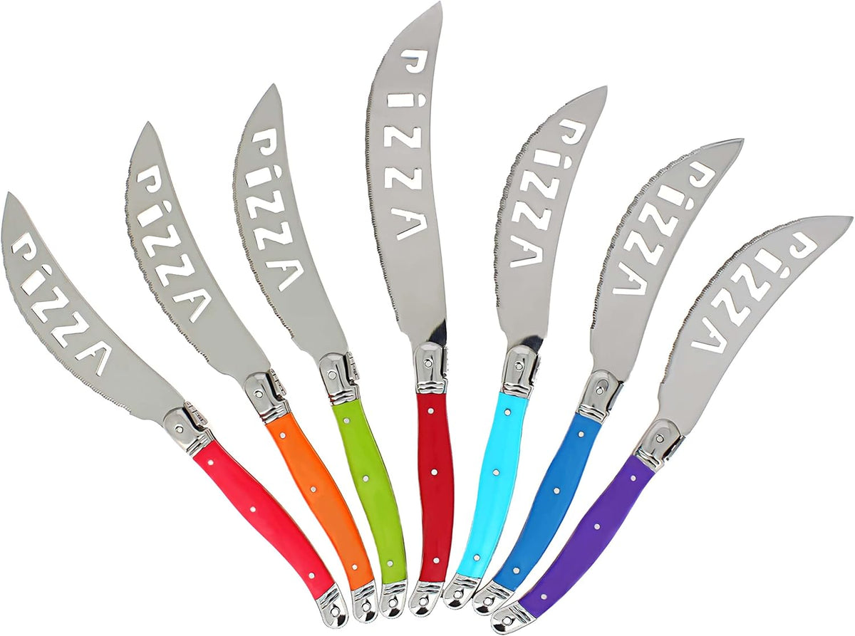 Laguiole 7-Piece Pizza Cutter Set Stainless Steel Smooth Cutting Dishwasher Safe Luxurious Sharp Knife Set for Parties (Rainbow)