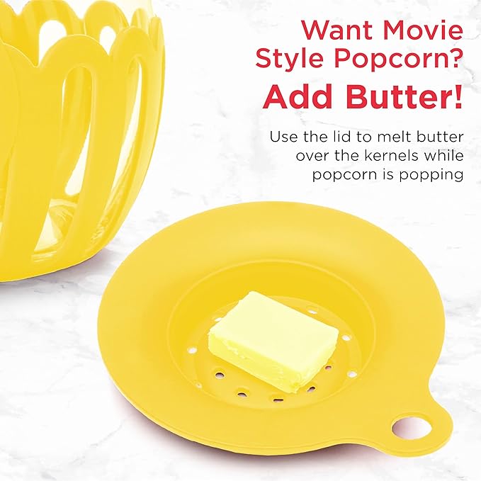 Ecolution Patented Micro-Pop Microwave Popcorn Popper with Temperature Safe Glass, 3-in-1 Lid Measures Kernels and Melts Butter, Made Without BPA, Dishwasher Safe, 3-Quart, Yellow