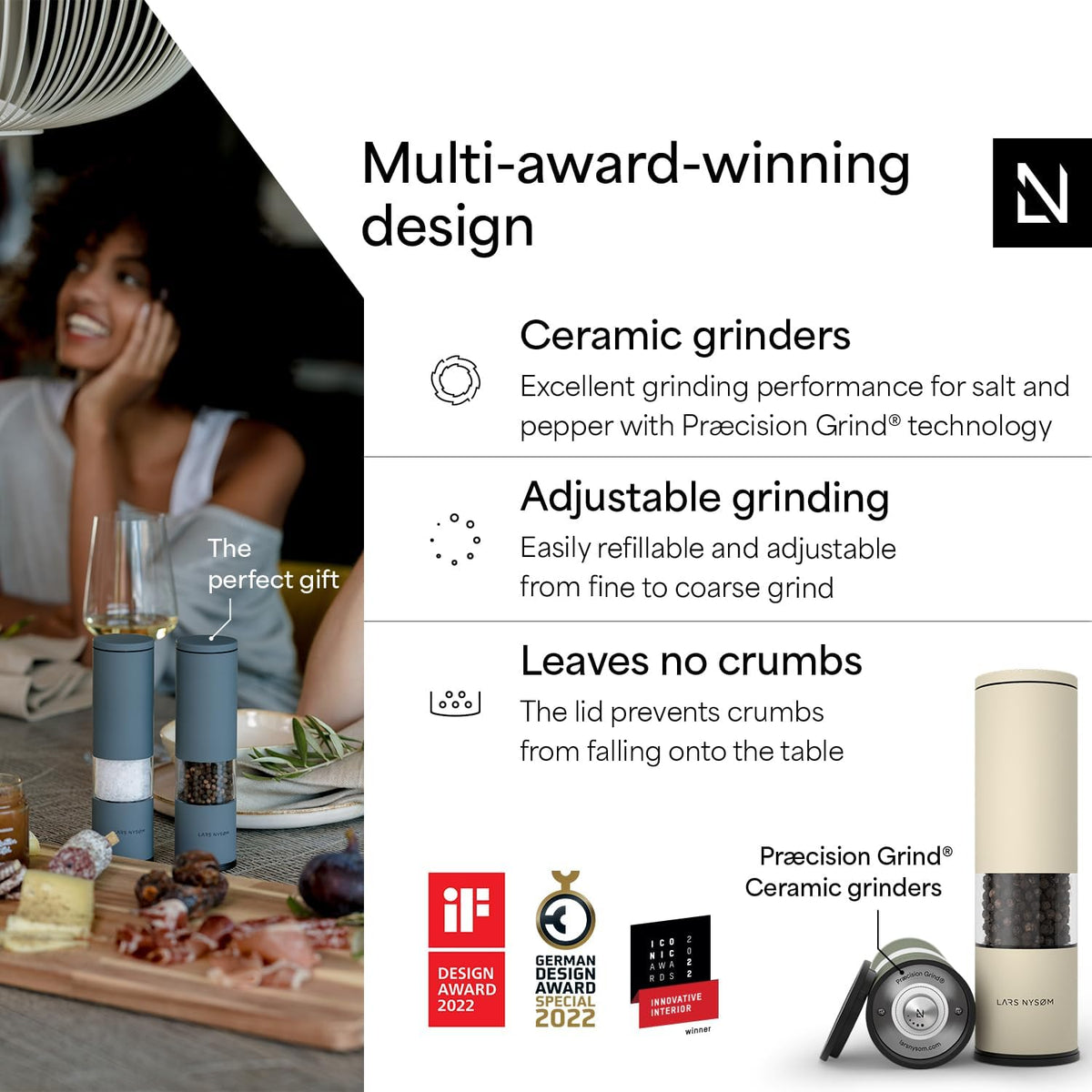 LARS NYSØM Salt and Pepper Grinder Set Manual, Stainless Steel Salt and Pepper Mills with Adjustable Ceramic Grinder I Design Spice Shakers (Green/Beige)