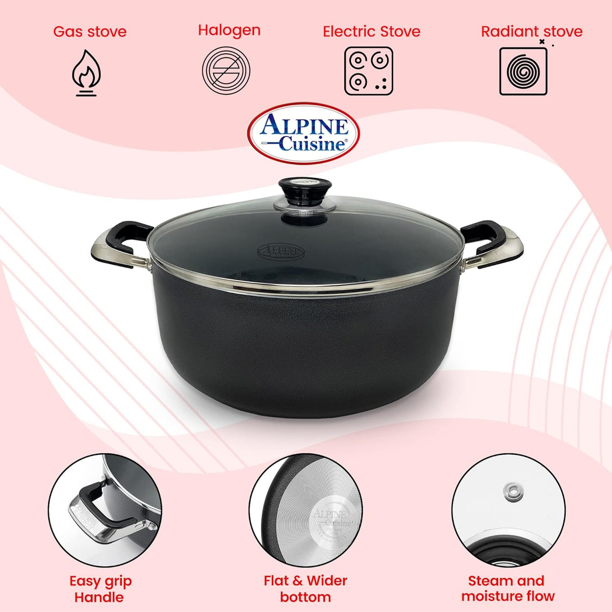 Alpine Cuisine 18 Quart Non-stick Stock Pot with Tempered Glass Lid and Carrying Handles, Multi-Purpose Cookware Aluminum Dutch Oven for Braising, Boiling, Stewing