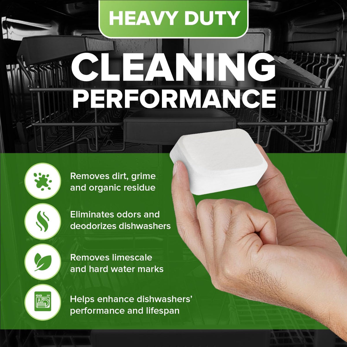 Heavy Duty Dishwasher Cleaner and Deodorizer Tablets, Descaler, Deep Cleaning, Natural Odor and Smell Remover, Calcium, Limescale, Hard Water Marks, Grease, Septic Safe Pods (12 Tabs - 1 Yr Supply)
