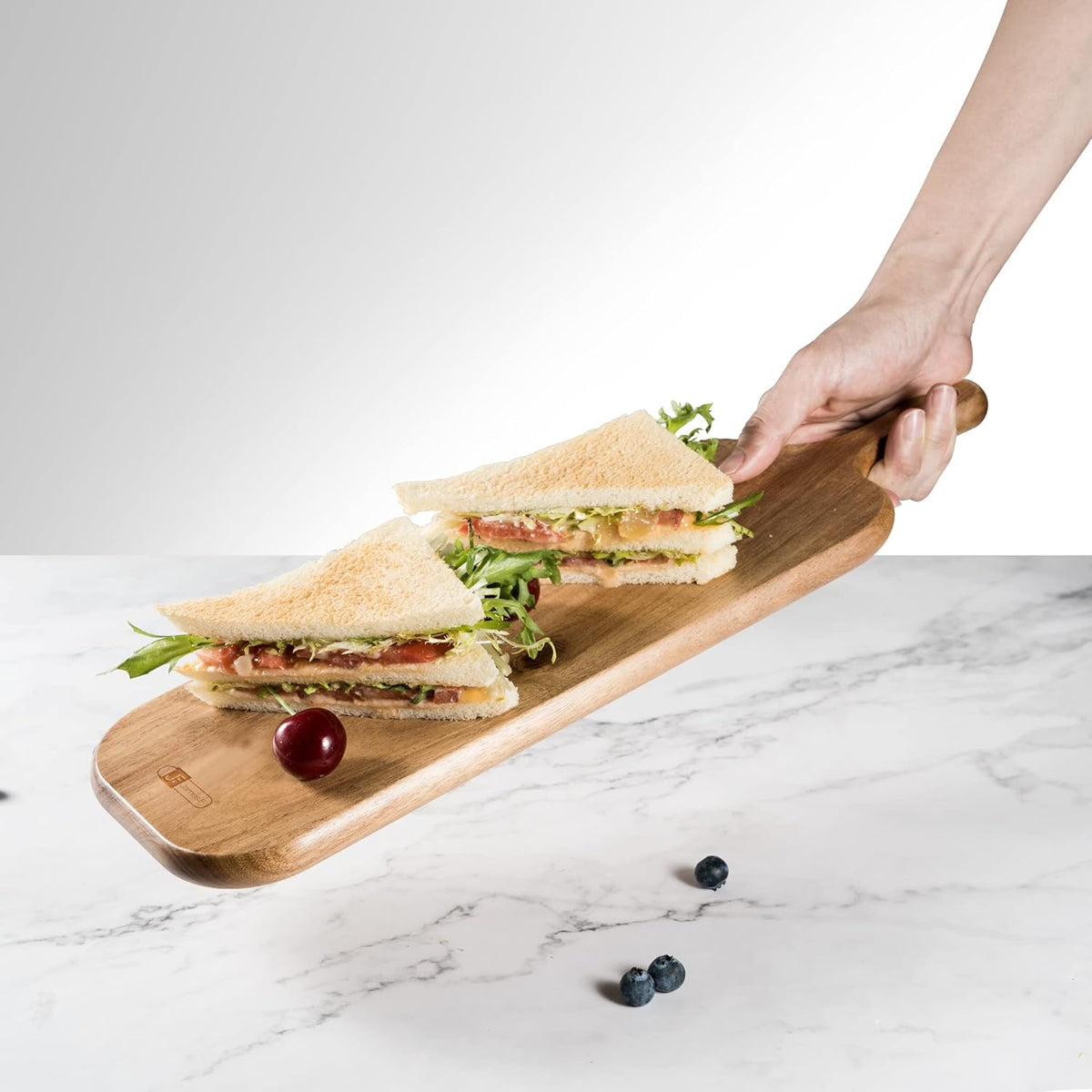 Wood Cutting Board with Handle, Long Acacia Serving Board Wooden Cheese Board Charcuterie Boards Wood Board for Food Bread Fruit 16.1x4.7x0.6 Inch