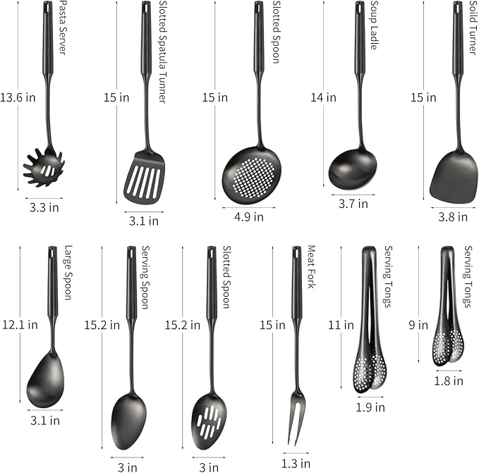 304 Stainlss Steel Matte Kitchen Utensils Set, 11 Pcs Long Metal Cooking Utensil Gadgets Tools Set with Spatula, Ladle, Spoon, Ladle, Skimmer, Tunner, Pasta Server, Tongs(Black, Dishwasher Safe)