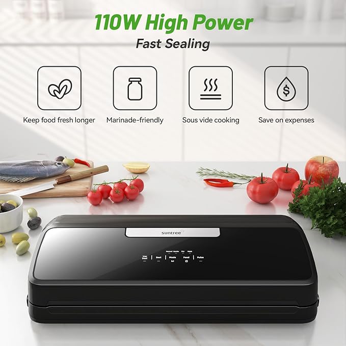 Vacuum Sealer Machine, 90Kpa 7-IN-1 Vacuum Sealer for Food Dry/Moist/Gentle Mode with Build-in Cutter and Storage, Food Vacuum Sealer Machine Tempered Glass Panel with Vacuum Bags, Vaccum Hose