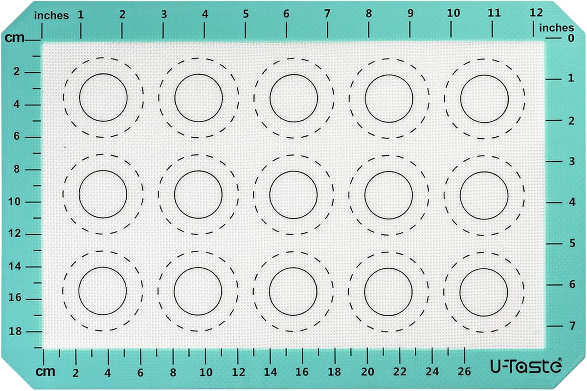 446ºF Heat Resistant Macaron Mat: U-Taste 14.17x9.44in Non Stick Silicone Baking Mat, Reusable Cookies Pastry Sheet Liner with Edge Enhancement & Circle Measurement for Cake Pan (Aqua Sky)