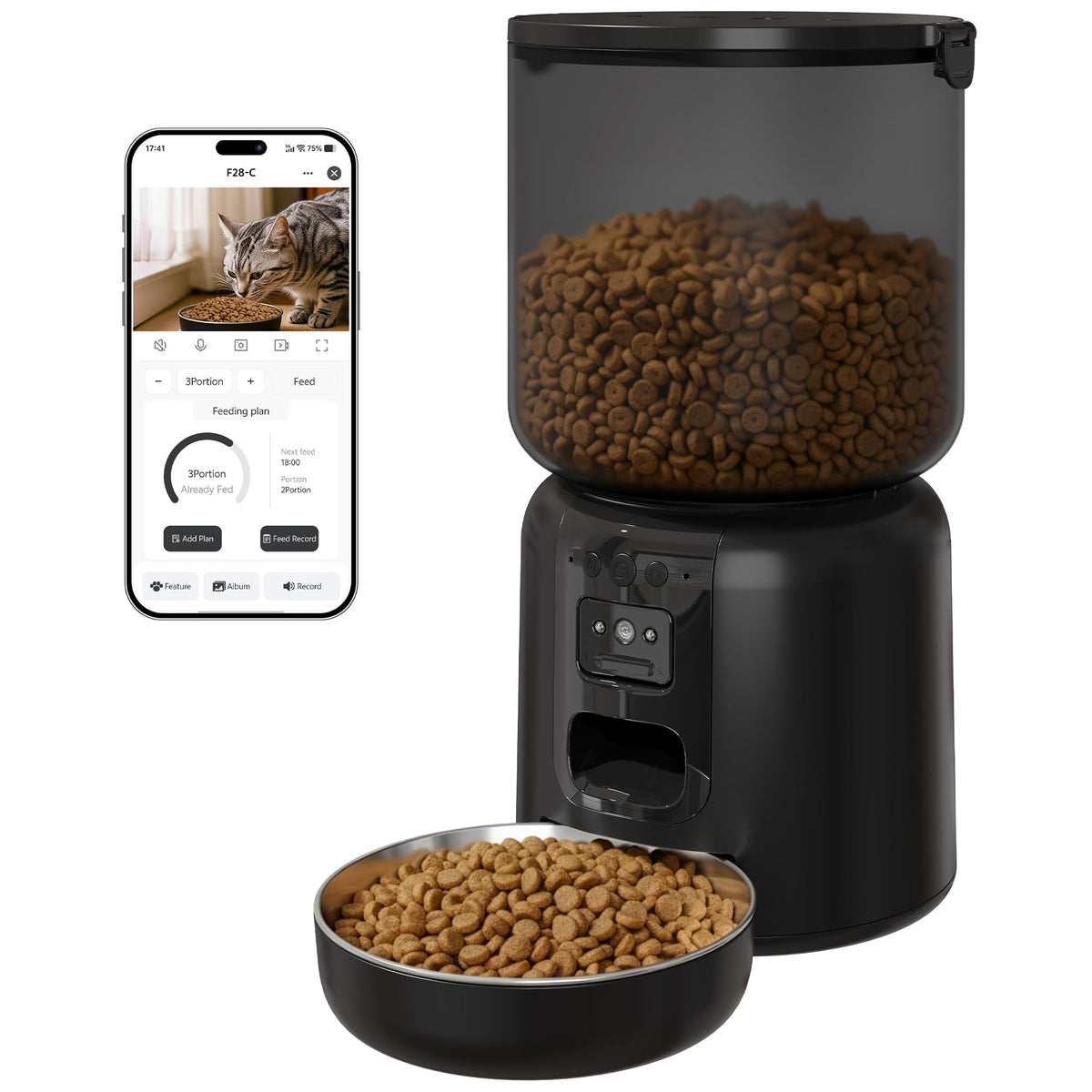 Fansafurn Automatic Cat Feeder with 2K HD Camera, Automatic Dog Feeder with App Control via 2.4G/5G WiFi, Dual Power System & Voice Recording, 4L Food Dispenser for Cats and Small Dogs, Black