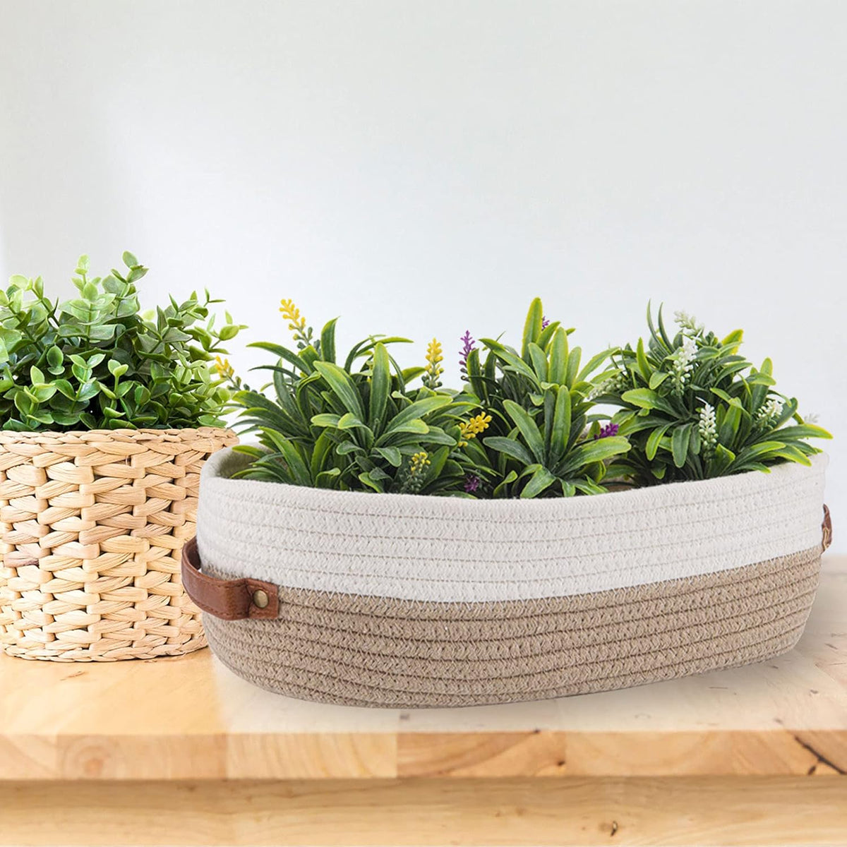 2 Pack Cotton Rope Bathroom Decor Basket,Toilet Paper Holder Basket,Farmhouse Home Decor Organizing Baskets 13"x5.9"x4" Brown Stitching White