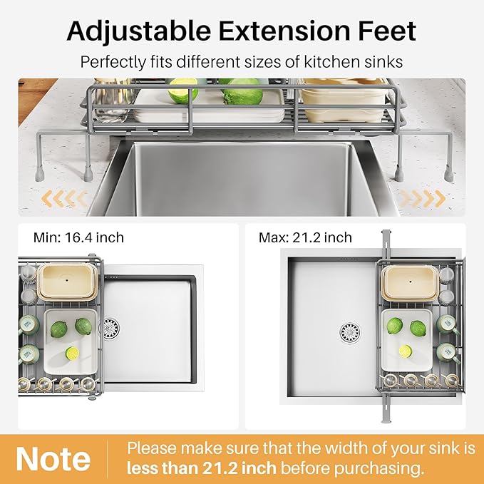 SNTD Dish Drying Rack - Extendable Dish Rack, Large Sink Drying Dish Drainer for Kitchen Counter, Stainless Steel Dish Strainer with Utensil Holder (Grey)