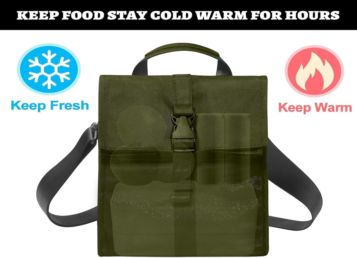 Insulated Foldable Lunch Bag- Lightweight Portable with Adjustable Shoulder Strap Lunch Box for Men, Women, Office, Work, Picnic, Hiking and Beach (Army Green(Soft Fabric))
