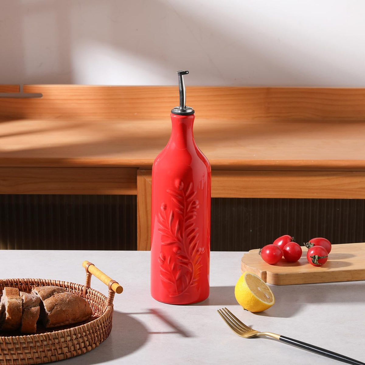 Sweejar Large Olive Oil Dispenser Bottle with Spout, 24 Oz Ceramic Oil Dispenser for Kitchen, Relief Opaque Cruet, Container for Cooking, EVOO, Vinegar, Pack of 1 (Red)