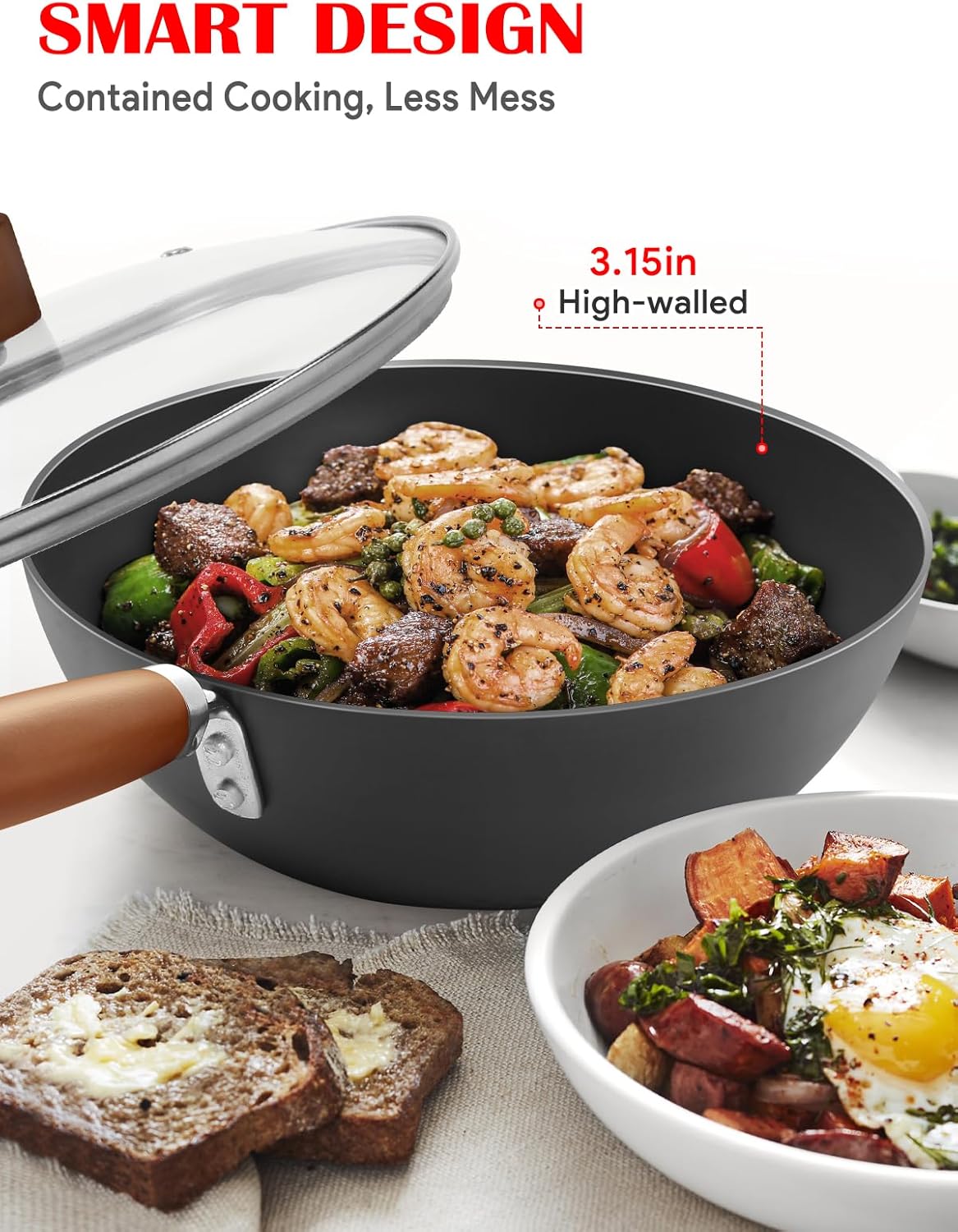 Carbon Steel Pan, 9.5-Inch Stir-Fry Woks & Pans Set with Glass Lid, 1.65lb Lightweight No Chemical Coated Flat Bottom Small Wok for 1-2 Servings