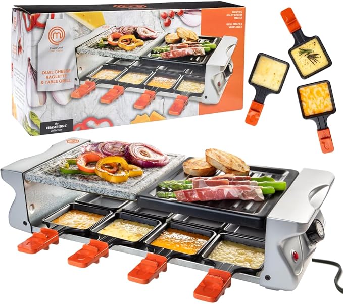 MasterChef Electric Raclette Table Grill w Non-Stick Grilling Plate & Cooking Stone- 8 Person Tabletop Cooker for Indoor, Smokeless, Korean BBQ - Melt Cheese, Cook Meat, Veggies, Appetizers-19" x 8"