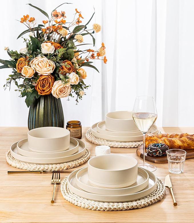 TheTerra Ceramic Dinnerware Sets for 6, 18 Pieces Handmade Reactive Glaze Plates and Bowls Set, Scratch Resistant Dish Set, Oven & Microwave & Dishwasher Safe, Matte White