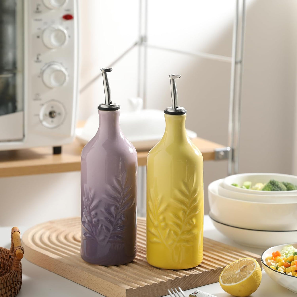 Sweejar Ceramic Olive Oil Dispenser Bottle, 20 Oz Relief Opaque Oil Cruet Protects To Reduce Oxidation, Suitable for Storage Soy Sauce, Coffee Syrup, Liquids, Set of 1 (Gradient Yellow)