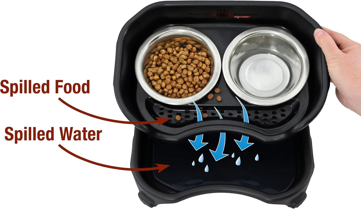 Neater Feeder Express Mess Proof Dog Bowls Elevated for Small Breeds Under 15 Lb, Made in USA, No Spill Raised Dog Food Bowl Stand, Stainless Steel Food and Water Bowl Set, Feeding Station, Black