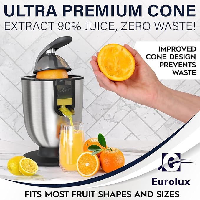 Eurolux Premium Electric Orange Juicer | Stainless Steel Citrus Squeezer With New Ultra-Powerful Motor and Soft Grip Handle for Effortless Juicing, Auto Shutoff, Dishwasher-safe Parts, Pulp Control
