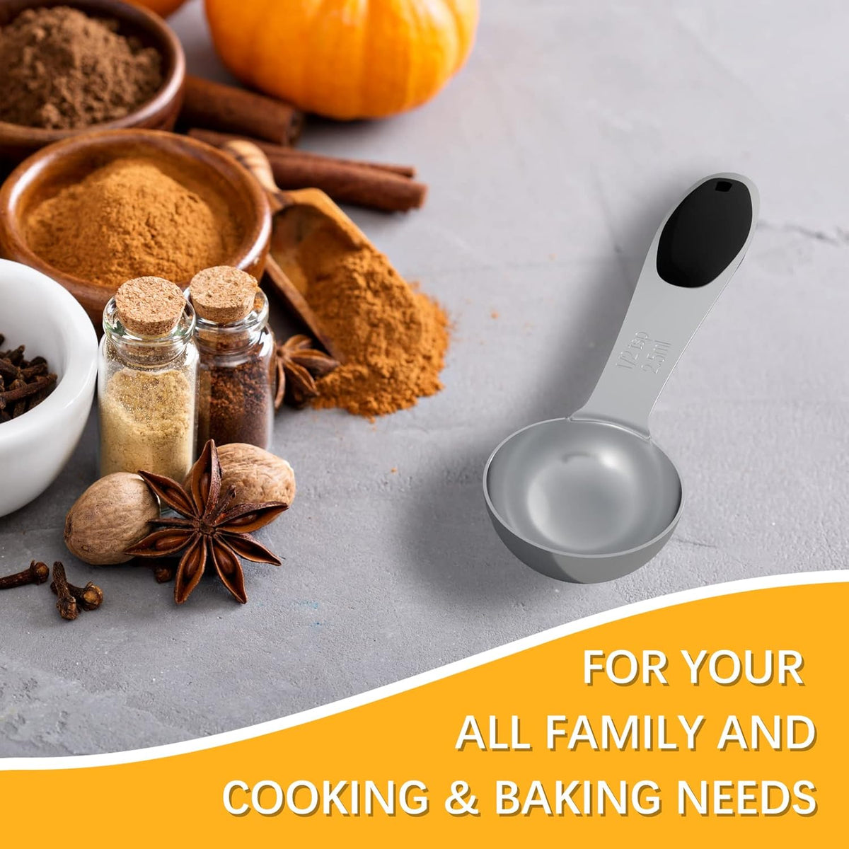 2PCS 1/2 Tsp(1/6tbsp, 2.5ml) Single Measuring Spoon with Black Silicone Grip, Stainless Steel Individual Measure Scoop Only