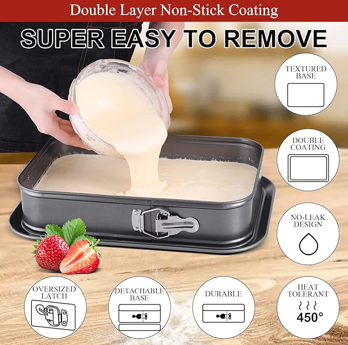 Kenond Large Springform Cake Pan, 14 x 11-Inch Rectangle Cheesecake Pan, Tiramisu Bakeware with 50Pcs Wax Paper, 3Pcs Spatula Set, Non-Stick Baking Pan Mold Leakproof