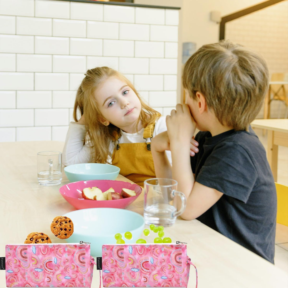 Reusable Sandwich Bag/Snack Bag for Kids & Adults, Dual Layer Lunch Bag with Handle, Washable, Food Safe, BPA Free (2-Pack, Rainbow)