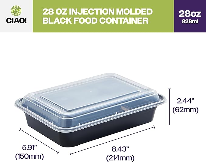 CIAO! Heavy Weight 28oz Injection Molded Microwavable Black Rectangular Food Container with Lid (150/case)