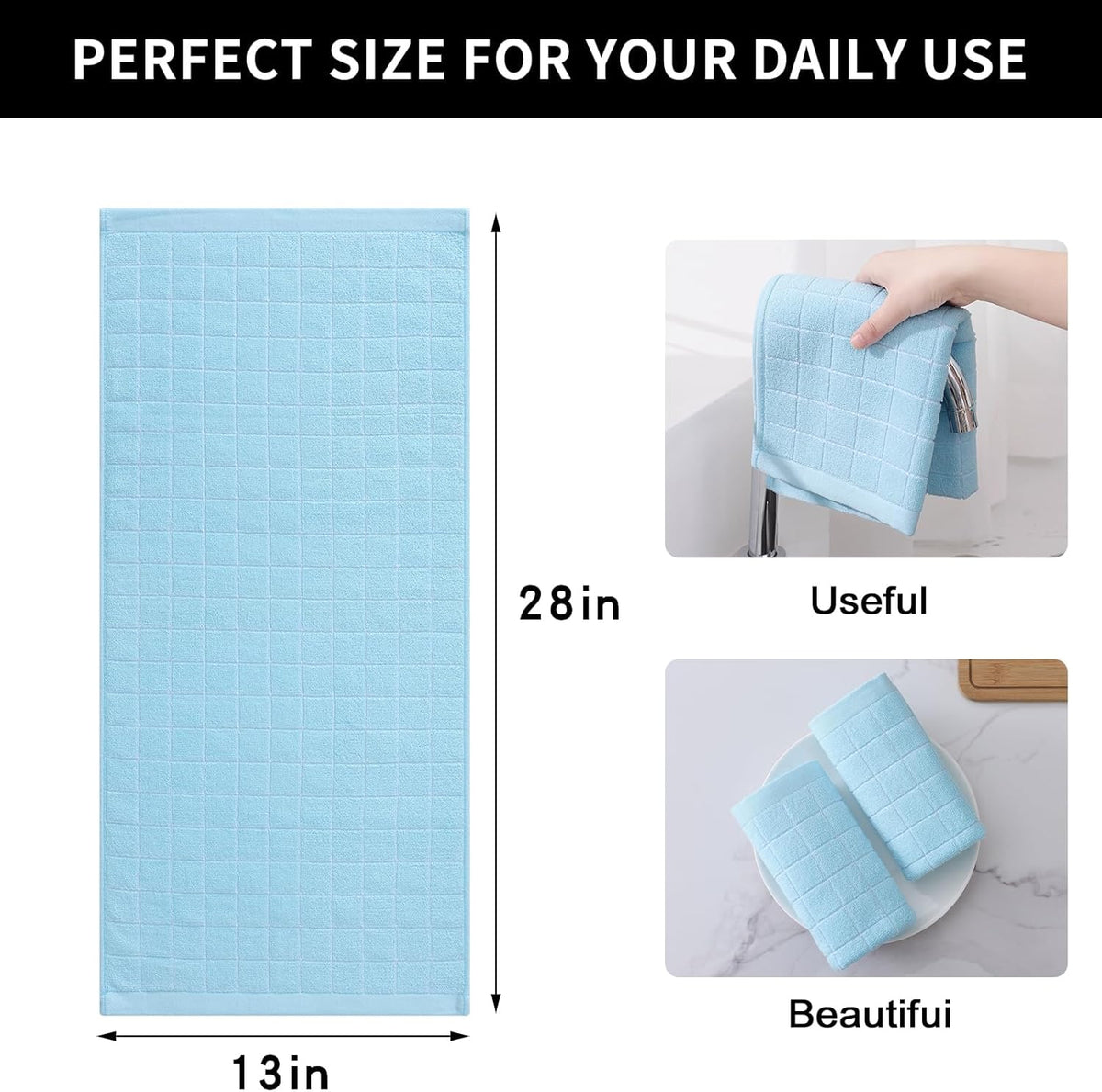 Homaxy 100% Cotton Terry Kitchen Towels(Sky Blue, 13 x 28 inches), Checkered Designed, Soft and Super Absorbent Dish Towels, 6 Pack