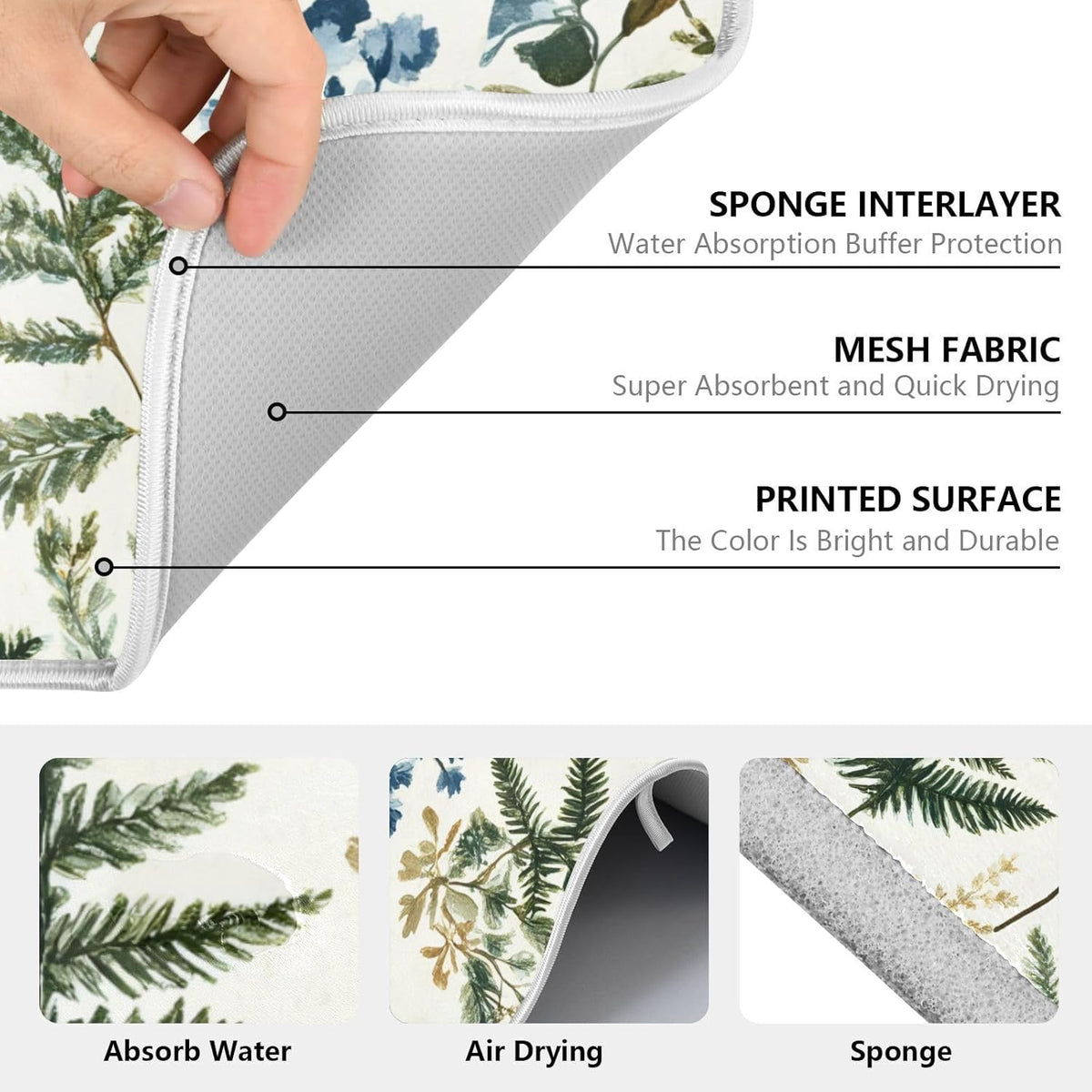 Vintage Herbs Fern Leaves Floral Plant02 Dish Drying Mat for Kitchen Counter Absorbent Microfiber Large Drying Pad Dish mats for Kitchen Countertops 18 x 24 Inch
