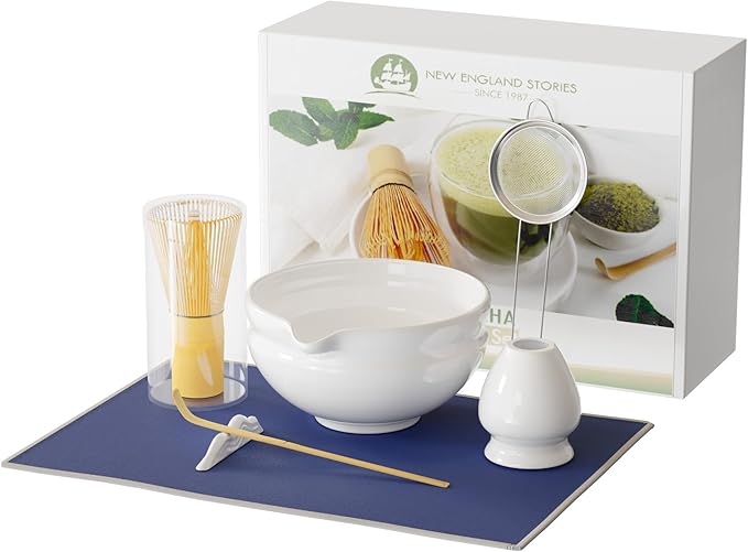 7 Pcs Matcha Whisk Set, Perfect Matcha Kit for Matcha Lovers Includes Ceramic Bowl, Bamboo Whisk, Holder, Scoop, Sifter & Cloth