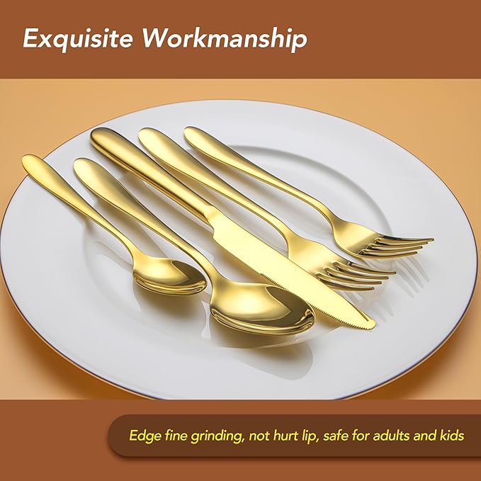 40 Piece Gold Silverware Set Service for 8, EIUBUIE Premium Stainless Steel Gold flatware Cutlery Sets, Mirror Polished Modern Kitchen Eating Utensils Sets Include Spoons Forks Knives