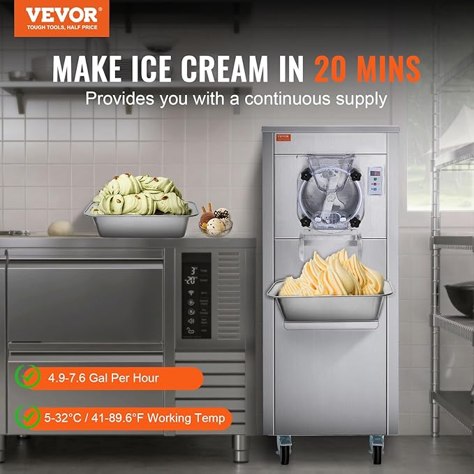 VEVOR Ice Cream Maker for Commercial Use, Produces 18 Liters per Hour, 1780W, Offers Single Flavor, Equipped with Wheels, 6L Stainless Cylinder, LED Display, Automatic Cleaning & Pre-cooling Functi