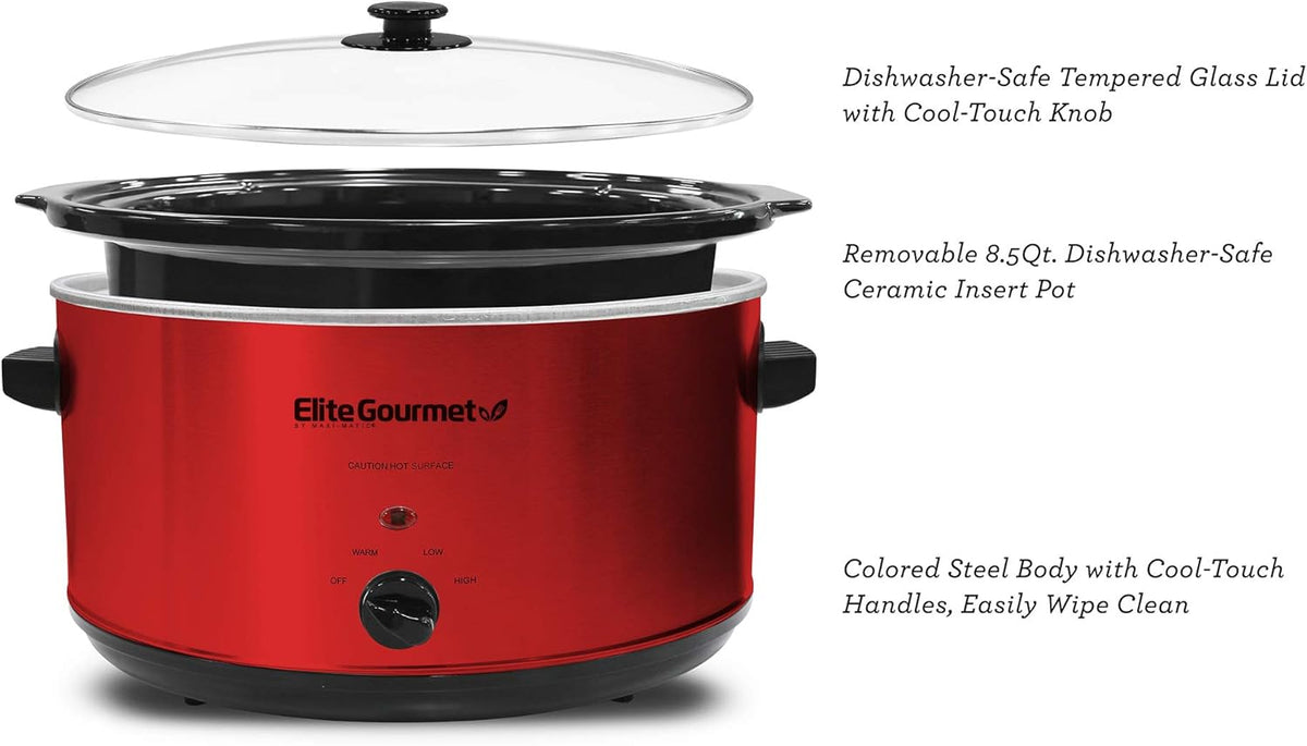 Elite Gourmet MST-900RXT# Electric Ceramic XL Jumbo Slow Cooker, Adjustable Temp, Entrees, Sauces, Stews & Dips, Dishwasher Safe Glass Lid & Crock, 8.5Qt, Stainless Steel