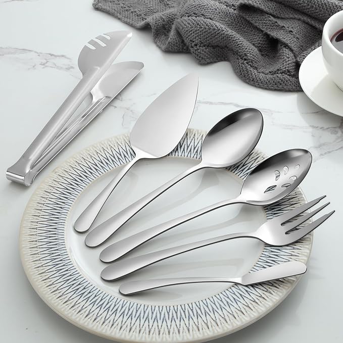 Pleafind 10 PCS Stainless Steel Serving Utensils Set with Spoons, Slotted Spoons, Forks, Tongs, Pie Server and Butter Knife for Parties, Buffet, Banquet