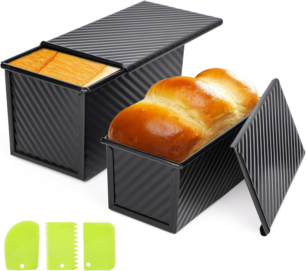 Beasea Pullman Loaf Pan with Lid, 2 Pack Non-Stick Bread Loaf Pans 1 lb & 0.5 lb Carbon Steel Bread Toast Box with Dough Scraper for Homemade Bread Toast Oven Baking - Black