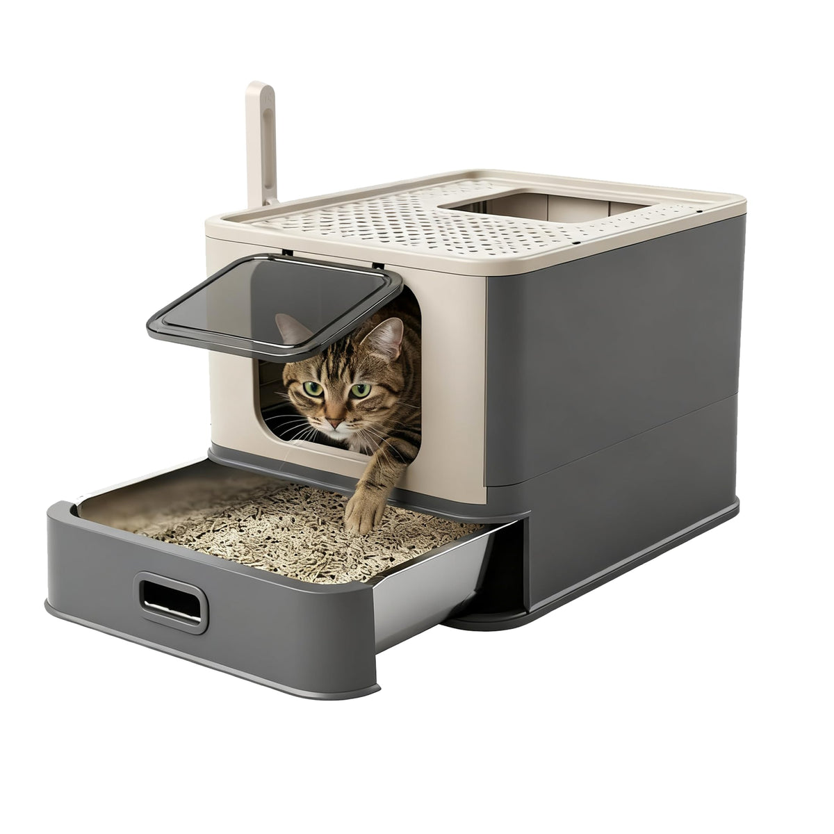 PAKEWAY XL Enclosed Stainless Steel Cat Litter Box with Pull-Out Drawer