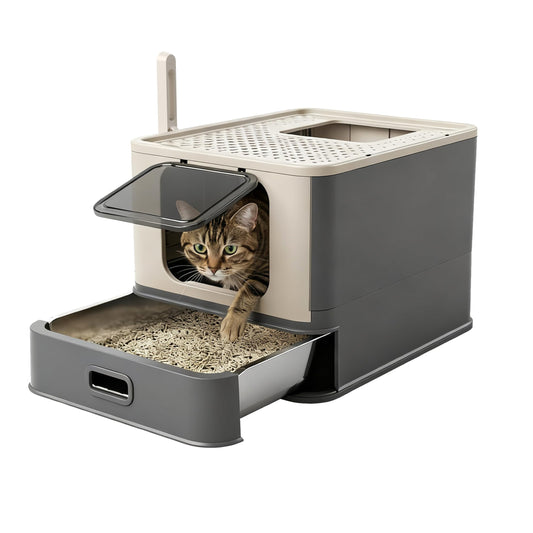 PAKEWAY XL Enclosed Stainless Steel Cat Litter Box with Pull-Out Drawer
