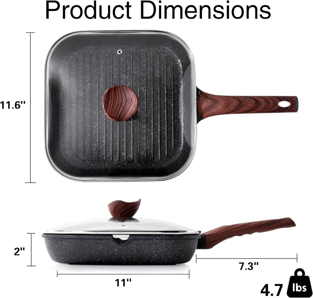 Nonstick Grilling Pan with Lid for Stove Tops, 11 Inch Square Grill Pan for Indoor Cooking, Granite Coating Grill Skillet with Pour Spouts, Versatile Griddle, Induction Steak Pan, PFOA Free