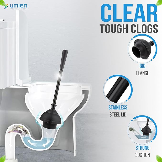 UMIEN Toilet Brush and Plunger Set 18-in - Updated 2025 No-Rust - Stainless Steel Design - Long Handles - with Freestanding Canister (Matte Black)
