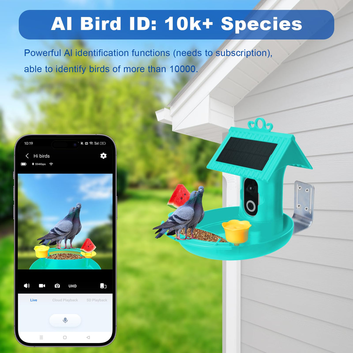 Bird Feeder with Camera - 4K HD Live View, Smart Bird Feeder Solar Powered, AI Recognition Auto Capture Video, 3-in-1 Feeding & Bathing & Hummingbird, Outdoor Garden Bird House (Blue)