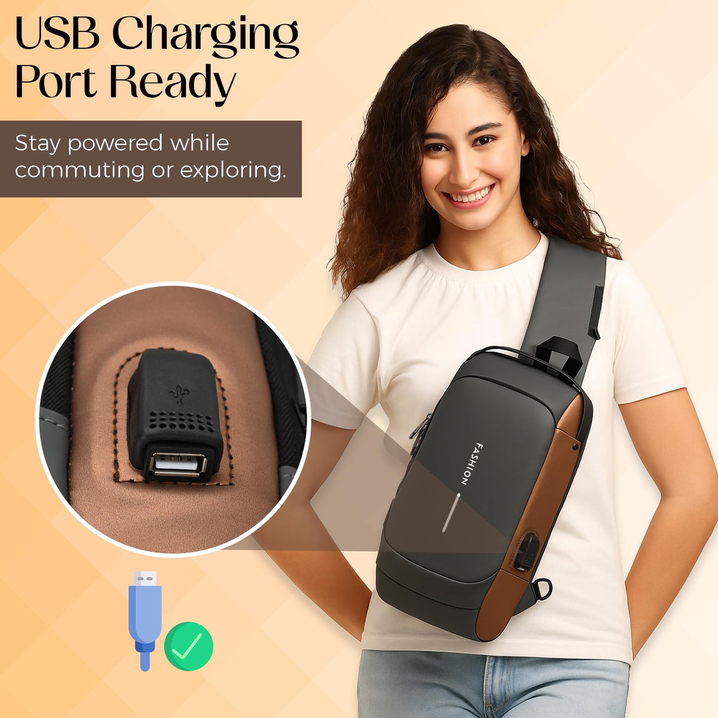 TS WITH TECHSUN Anti-Theft Sling Bag for Men with USB Port – Water-Resistant Chest Crossbody Backpack - Travel, Work, Cycling