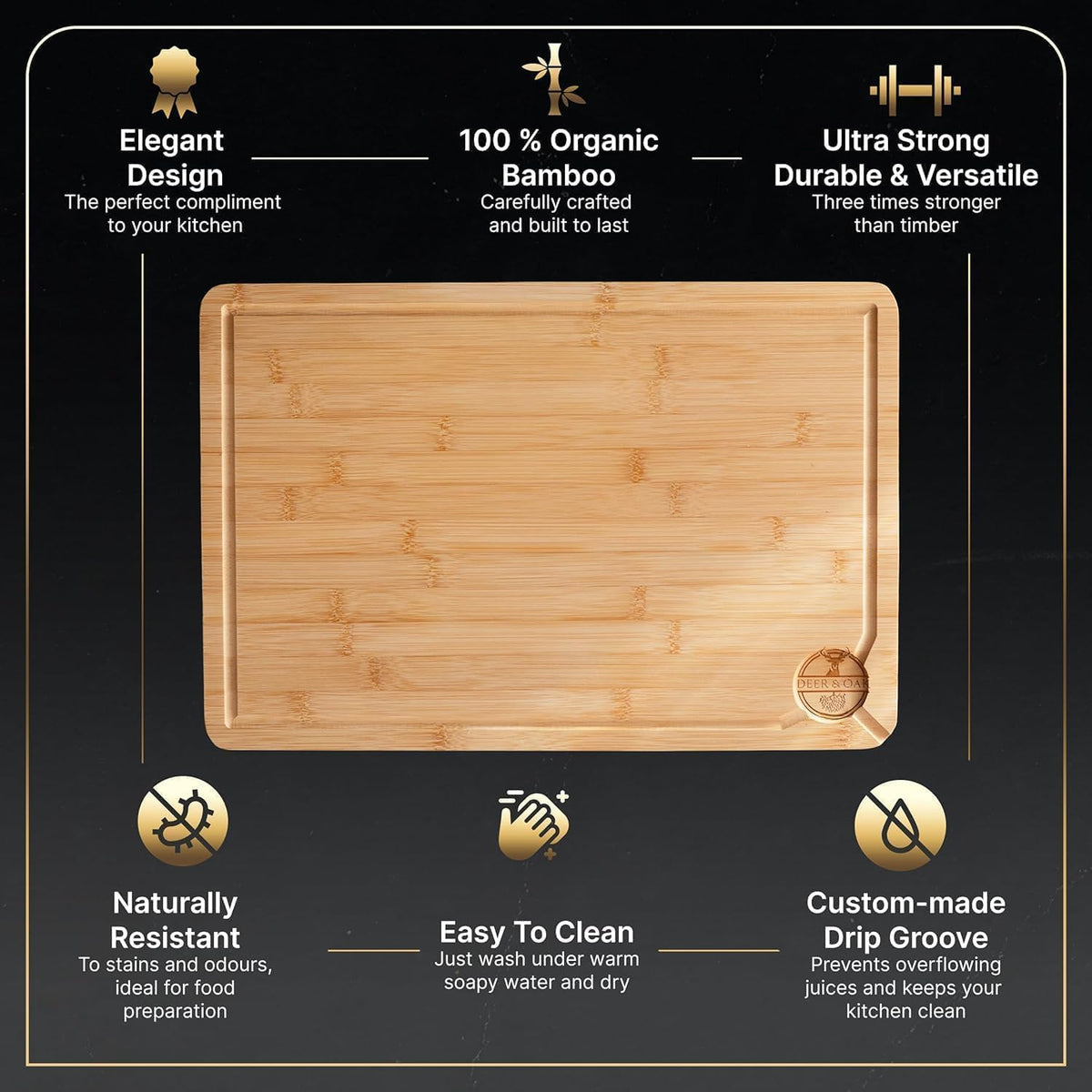 Deer & Oak Premium Large Bamboo Cutting Board – 15" x 9.8" x 0.8" Wooden Chopping Board for Meat and Vegetables, Pre-Oiled, Water Resistant, Knife Friendly
