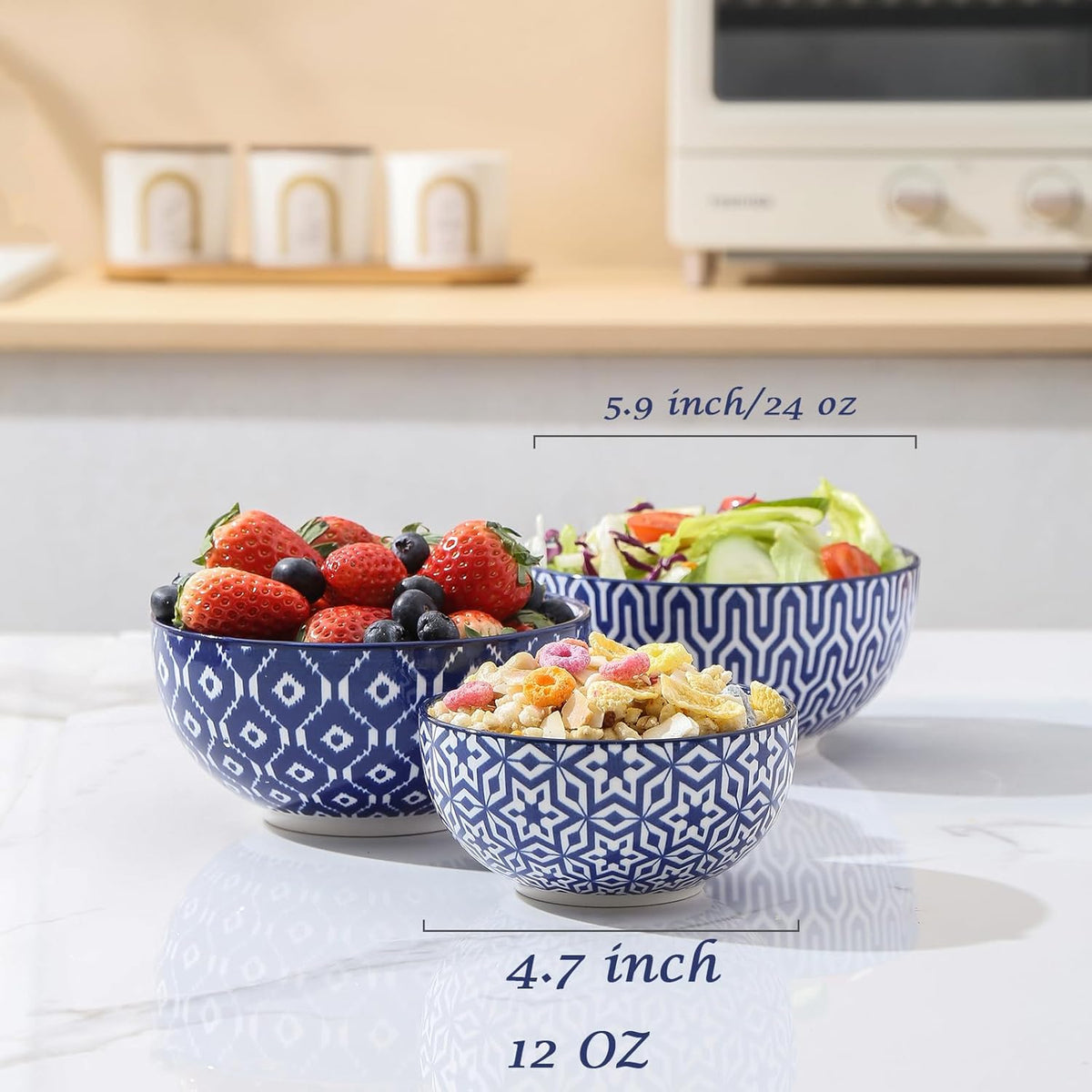 Selamica Ceramic 12 OZ Dessert Bowls Set, Ice Cream Bowls, 4.7 Inch Small Bowls for Snack, Side Dishes, Rice, Microwave Dishwasher Safe, Set of 6, Vintage Blue
