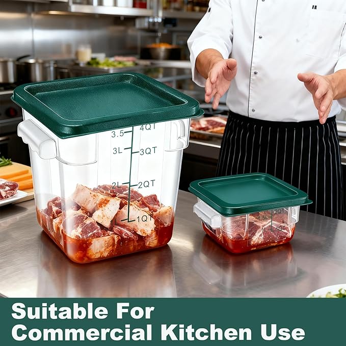 4 Pack 2QT & 4QT Food Storage Containers with Green Lids, Clear Square Commercial Food Storage Containers with Scales and Handles, BPA-Free Airtight Restaurant Container for Sourdough, Marinating Meat